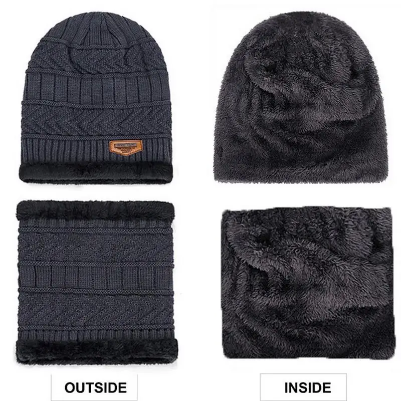 Unisex Beanies Hat Ring Scarf Gloves Set Winter Knitted Thick Warm  Women Men Solid Retro Beanie Hat Soft Touch Screen Gloves