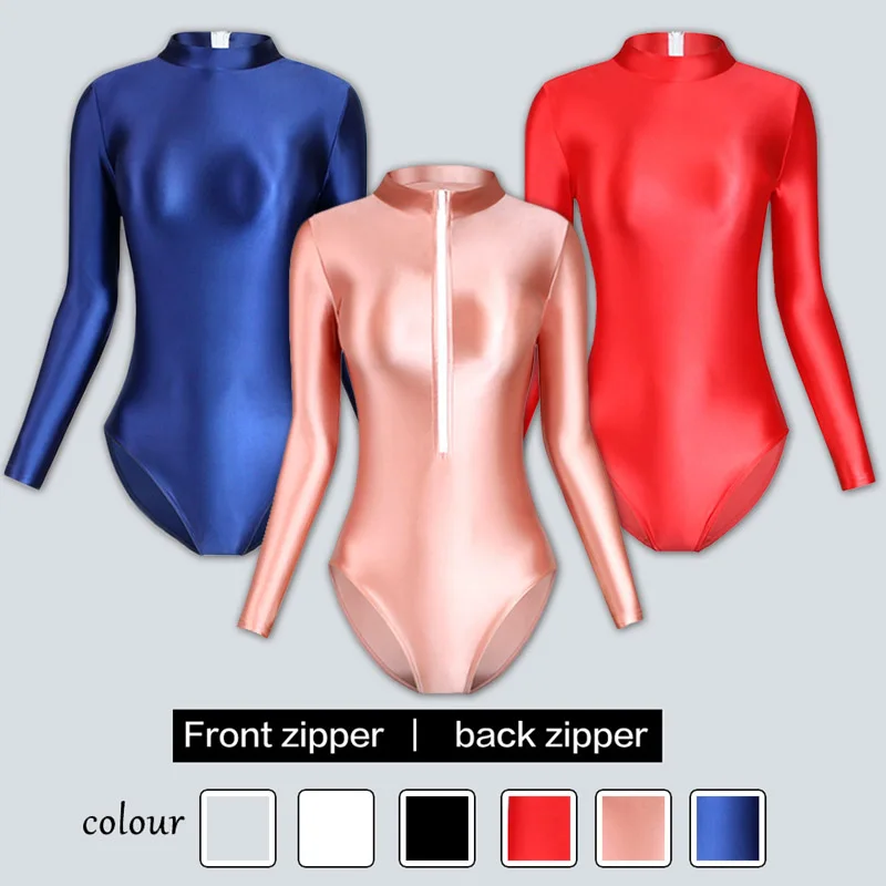XCKNY One piece swimsuit women sexy tight glossy high fork long sleeve swimsuit solid color T-shirt with crotch