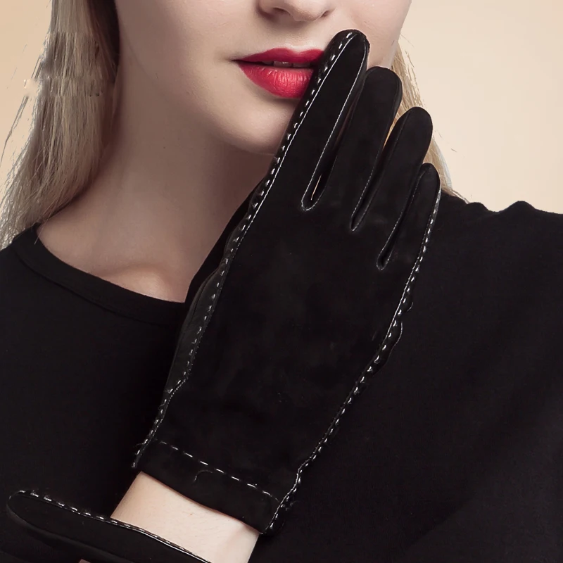 Real Leather Gloves Female Suede Sheepskin Pathwork Thermal Touchscreen Goatskin Women Gloves Winter Keep Warm Driving 3328