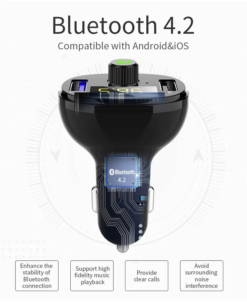 Автомобильный fm-передатчик JaJaBor, Bluetooth, автомобильный комплект громкой связи, беспроводной Bluetooth стерео A2DP MP3 аудио музыкальный плеер QC3.0, быстрая зарядка