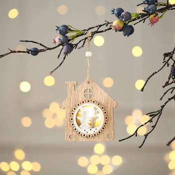 

Christmas Wooden Ornament LED Light Pentagram House Bell Shape Openwork Luminous Lamp Hanging Rope Pendant Decoration HK