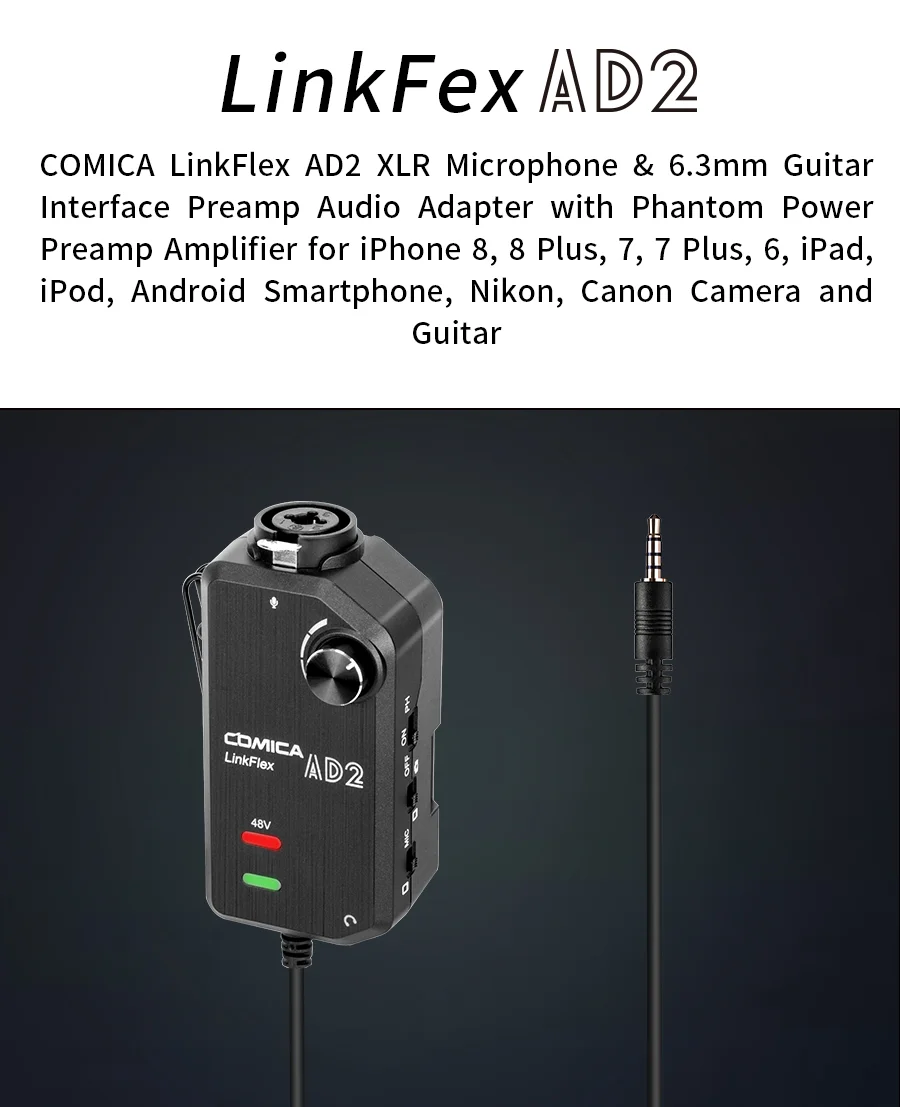 Комика LinkFlex AD2 предусилитель адаптер разъем XLR 6,35 мм-3,5 мм аудио с фантомным питанием для камеры гитары смартфон микрофон