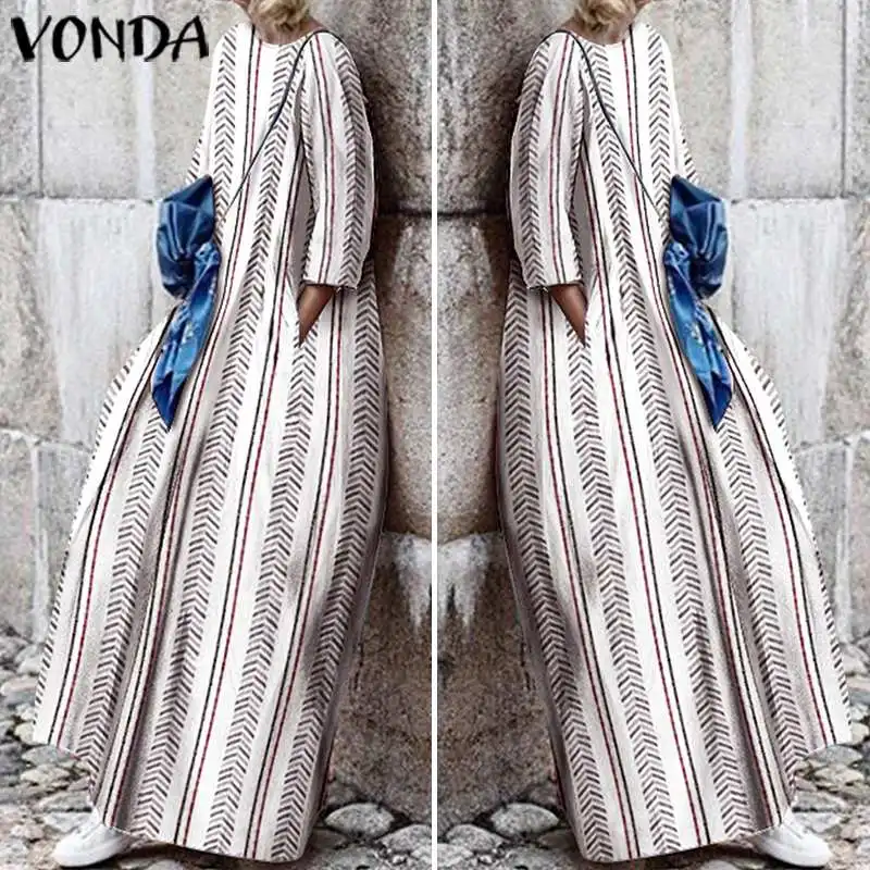VONDA, винтажное платье макси, для женщин, повседневное, с круглым вырезом, для вечеринки, платья, Осенний сарафан, модное, богемное, сексуальное, Vestidos Femme 5XL