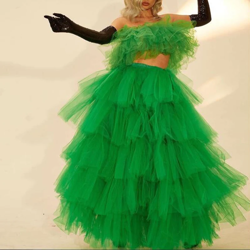 

Fashion Green 2 Pieces Ruffle Puffy Tulle Long Formal Prom Gowns Sexy Strapless Floor Length Tiered Tutu Party Dresses Custom