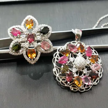 

Y B O , Jewelry set big pendant with ring colorful tourmaline gemstone in 925 sterling silver jewelry set for women