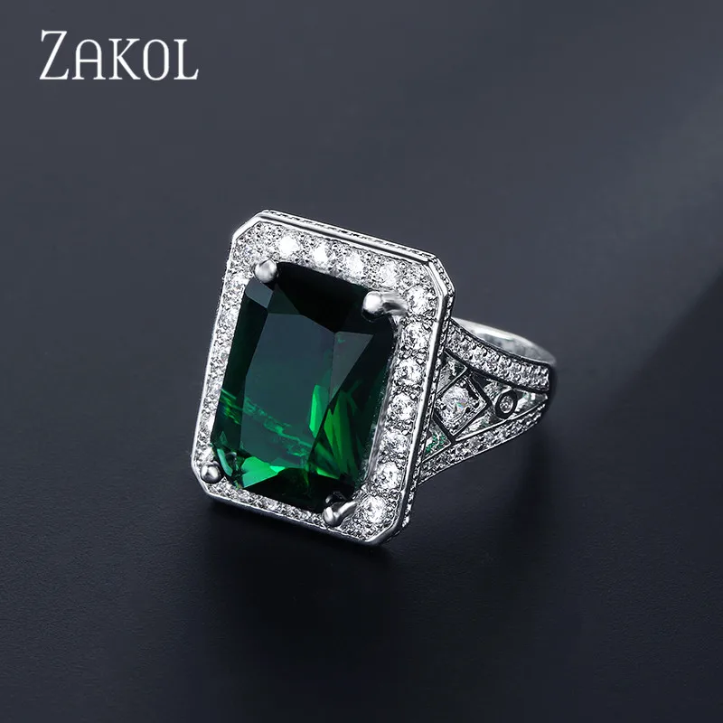 ZAKOL роскошные женские обручальные кольца с большим зеленым квадратным цирконием и кристаллами Bague Bijoux Femme аксессуары, обручальные кольца FSRP2029