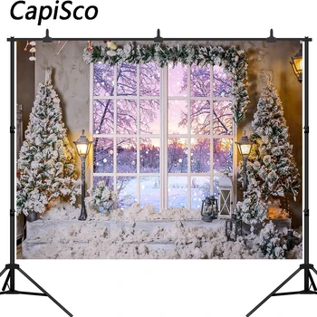 

Capisco Christmas Backdrop Warm Street Light Decorative Window White Snowfield Xmas Tree Photography Background Photo Studio
