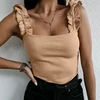 Camisetas sin mangas con cuello cuadrado para mujer, Tops básicos informales de punto liso con volantes ajustados acanalados ► Foto 3/6