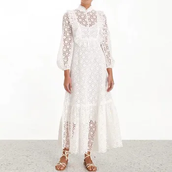 

2019 Elegant Solid Women Dress Stand Collar Lantern Sleeve High Waist Ruffles Hollow Out Maxi Dresses