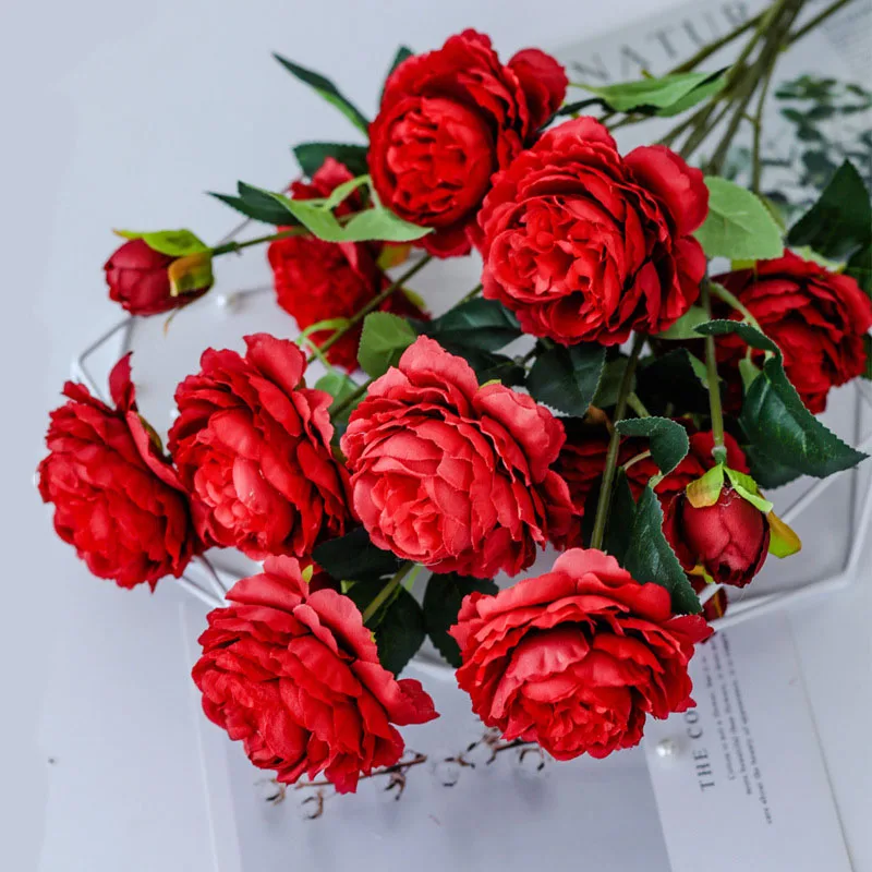 1 шт. розовые пионы Искусственные цветы свадебное украшение для дома декоративный букет праздничные принадлежности 3 головы искусственный цветок Роза