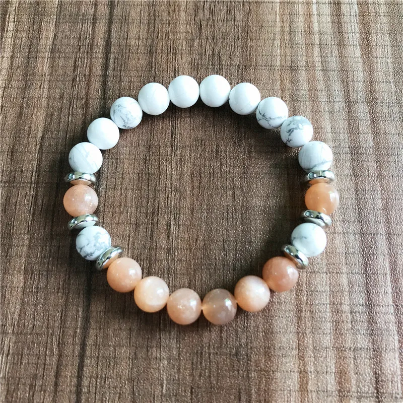 8MM Hohe Qualität Howlite & Sonnenstein Armband Yoga Schmuck Elastische armbänder Handgelenk Mala Armband frauen Geschenk – Detail 1