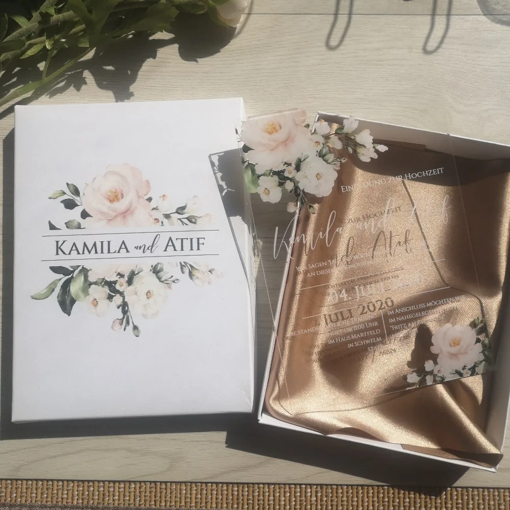 Transparent Acrylic Card with Printed Box, Custom Acrylic Wedding Invitation Card, Stain Fabric, High Quality, UV Printing, 5Pcs