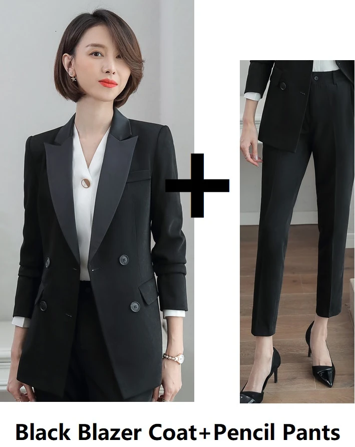 Black Pantsuits Высокое качество ткани Формальные униформы конструкции брючные костюмы Бизнес Рабочая одежда блейзеры набор профессиональных дам OL стили брюки костюмы - Цвет: Black Pantsuits