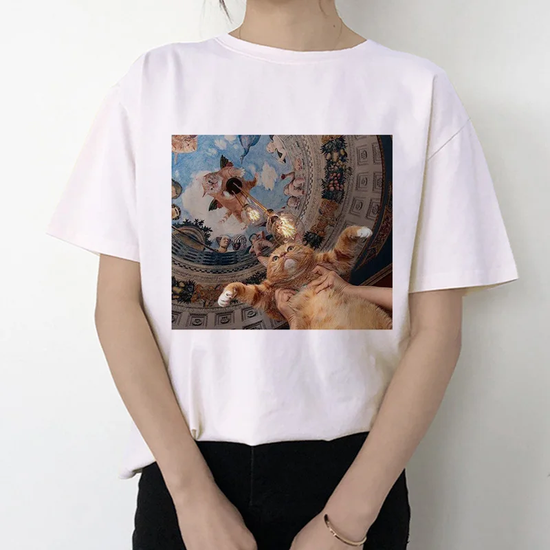 Забавная женская футболка с котом,, микеланжело, Корейская, Kawaii, Ulzzang, футболка, женская, графическая, короткий рукав, принт, футболка с круглым вырезом, модная