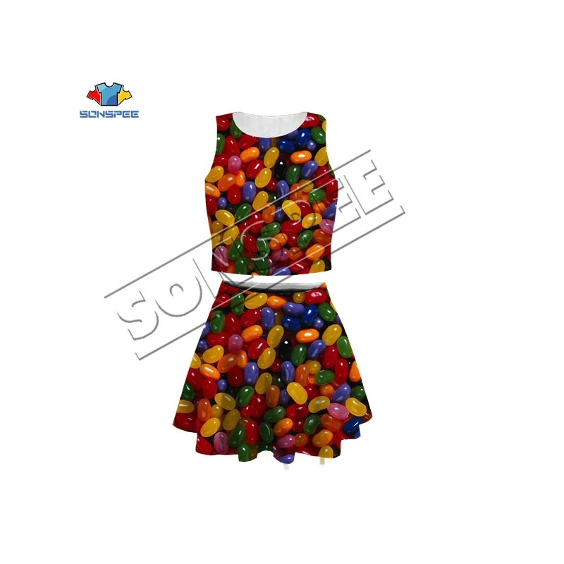 

3D Print Men&women lovely Fudge Rainbow candy Design Upper and lower skirt suit Harajuku HipHop Fruit Cotton candy Evening dress
