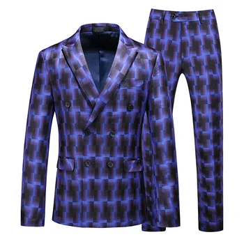 

Slim Fit Wedding Suit Groom Plaid Suit Men Latest Coat Pant 6XL High Quality Party 2 Piece Suits Banquet Stage Singers Costume