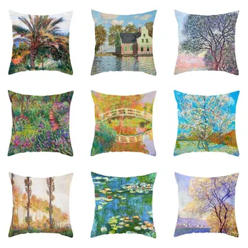 

Oil Painting Cushion Cover Sofa Decorative Throw Pillow Covers Landscape Tree Lotus Pond Print Linen Pillowcase 45x45 Home Decor