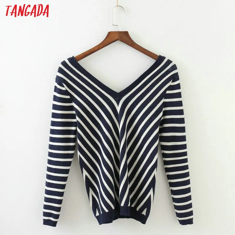 Tangada women chic striped sweater long sleeve deep v neck fashion korean autumn sweater pullovers female 3N21