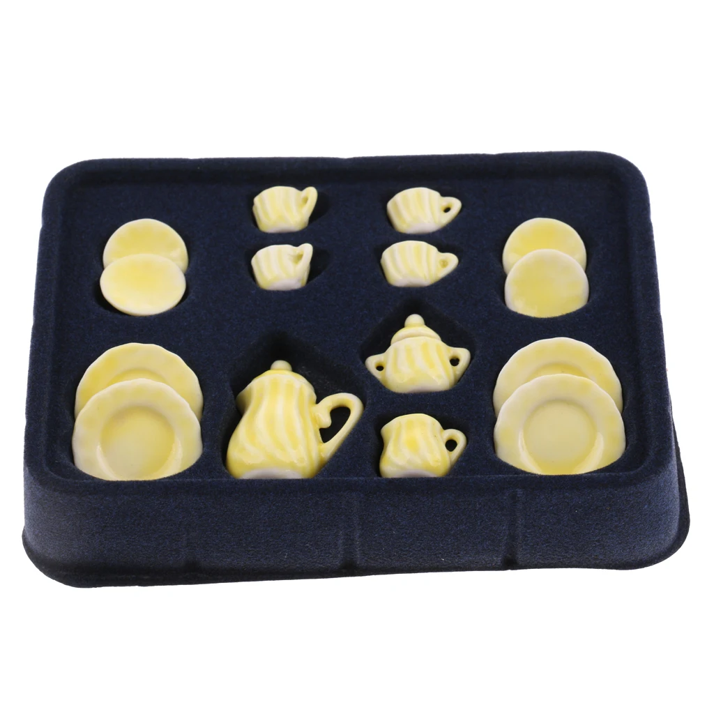 15pcs Dollhouse Miniature Dining Ware Ginger Ceramic Tea Set Pot Cup Plate