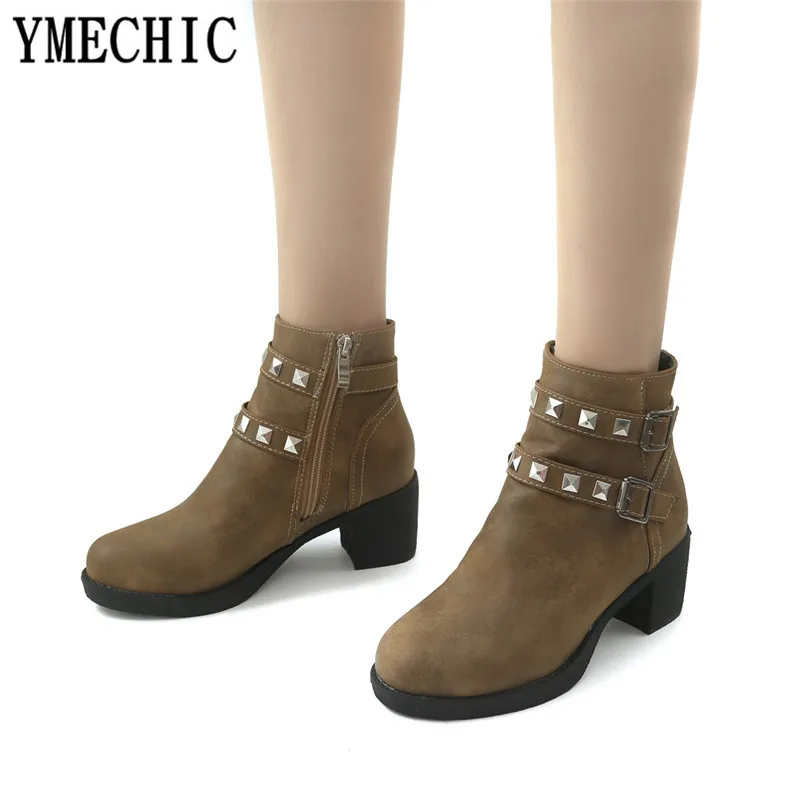 

2018 Womens Block Chunky High Heel Ankle Motorcycle Boots Buckle Strap Rivets Ladies Brown Black Plus Size Shoes Bootie