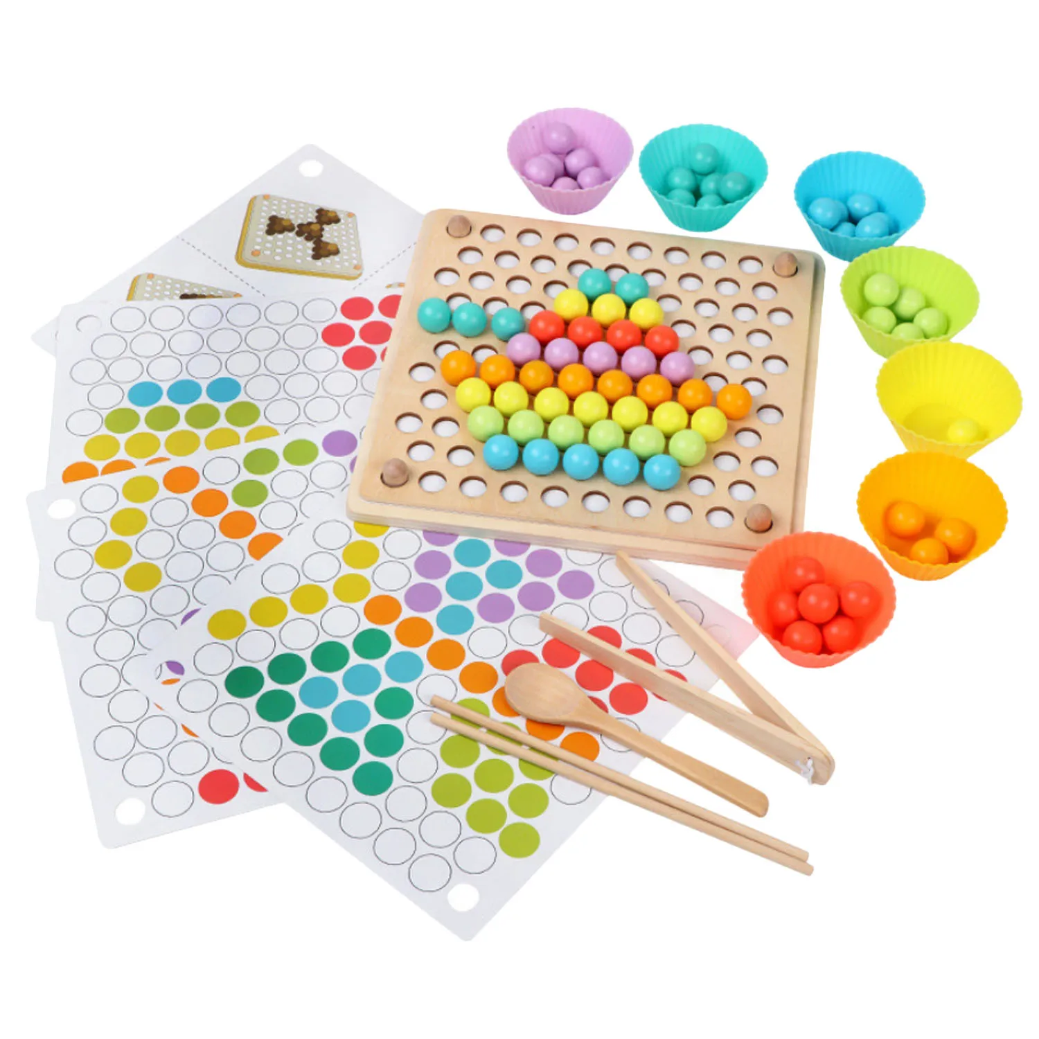 Kids Montessori Wooden Clip Beads Chopsticks Beads Color Sorting Matching Puzzle Board Hands Brain Training Learn Math Game Toy