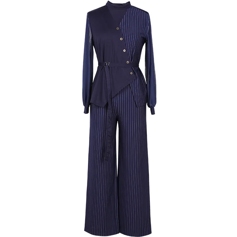 [DEAT] Autumn Fashion Trend New Pattern Office Lady Striped Breathable Wide Leg Pants Women's Long Sleeve Suit AI662