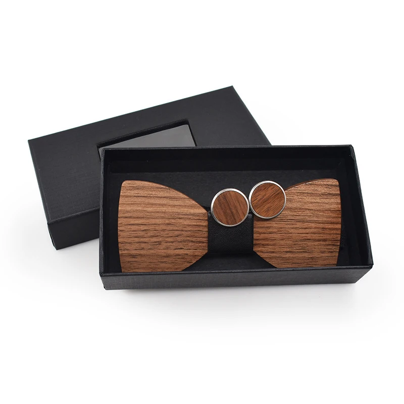 

dropshipping fashion commercial business gift set formal men women walnut wooden bowtie with cufflink package