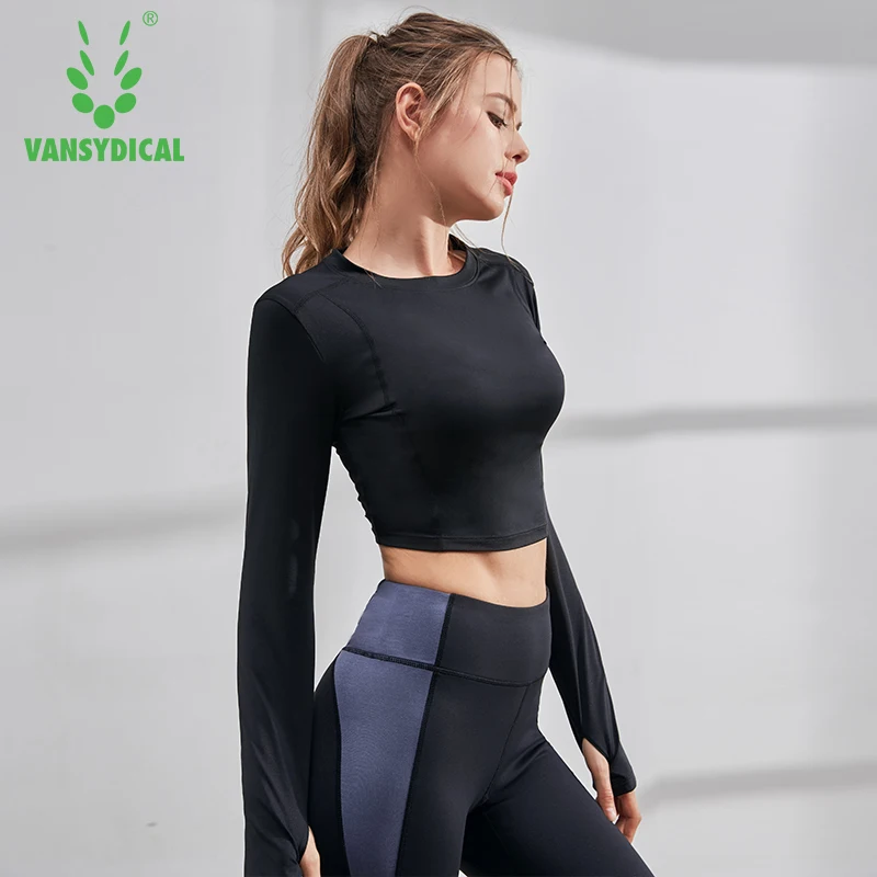 VANSYDICAL Модная рубашка для йоги женский короткий топ с длинным рукавом Одежда бега