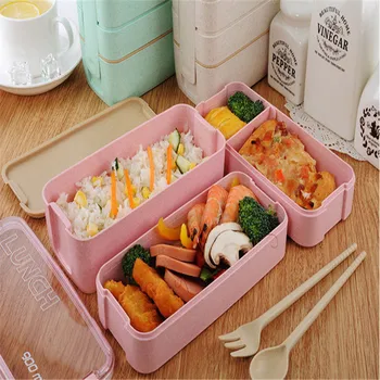 

900ml Portable Healthy Material Lunch Box 3 Layer Wheat Straw Bento Boxes Microwave Dinnerware Food Container Foodbox for Kids