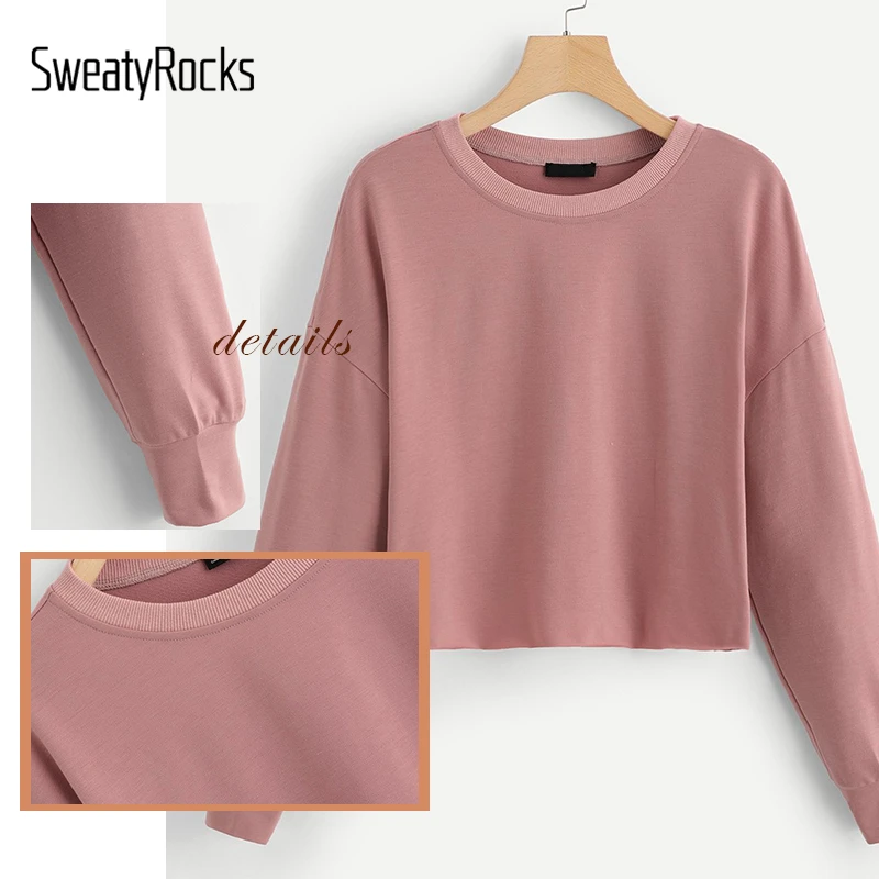 SweatyRocks, Розовый пуловер с заниженным плечом, осень, круглый вырез, Толстовки для активных, Повседневный свитер для отдыха