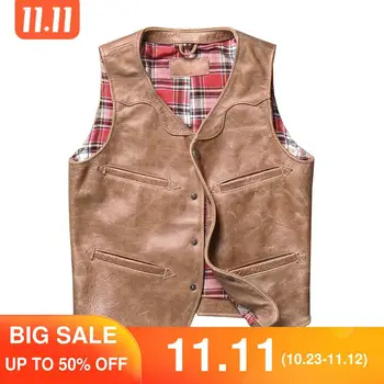 

2020 Light Brown American Casual Style Leather Vest Men Single Breasted Plus Size XXXXL Genuine Cowhide Spring Slim Fit Vest
