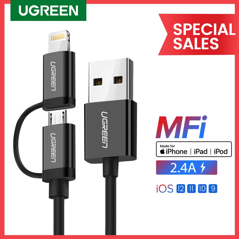 Ugreen USB кабель для iPhone XS X 8 7 6 зарядное устройство 2 в 1 Micro Android Type c кабели мобильных