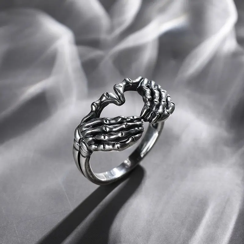 Silver Plated Hand with Heart Rings for Men Punk Gothic Creative Skeleton Couple Ring Women Hip Hop Band Jewelry Charm Gift