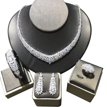 

GODKI UAE 4pcs Silver Color DUBAI Bridal Necklace Set For Women Wedding Nigeria Zircon Crystal Dress PARTY Jewelry sets 2020