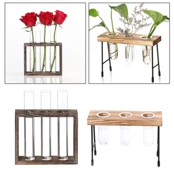

2pcs Test Tubes Glass Flower Vase Hydroponic Pot Terrarium In Wood Stand Set for Home Room Tabletop Decor Office Cafe Ornament