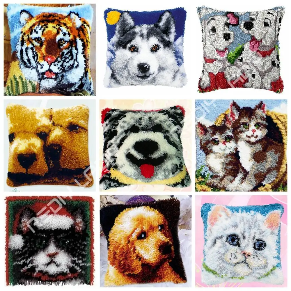 

Latch Hook Kit Husky Puppy Cushion Cover Pre-Printed Color Canvas Crocheting Arts & Crafts Pillow Case Sofa Pillows Home Decor