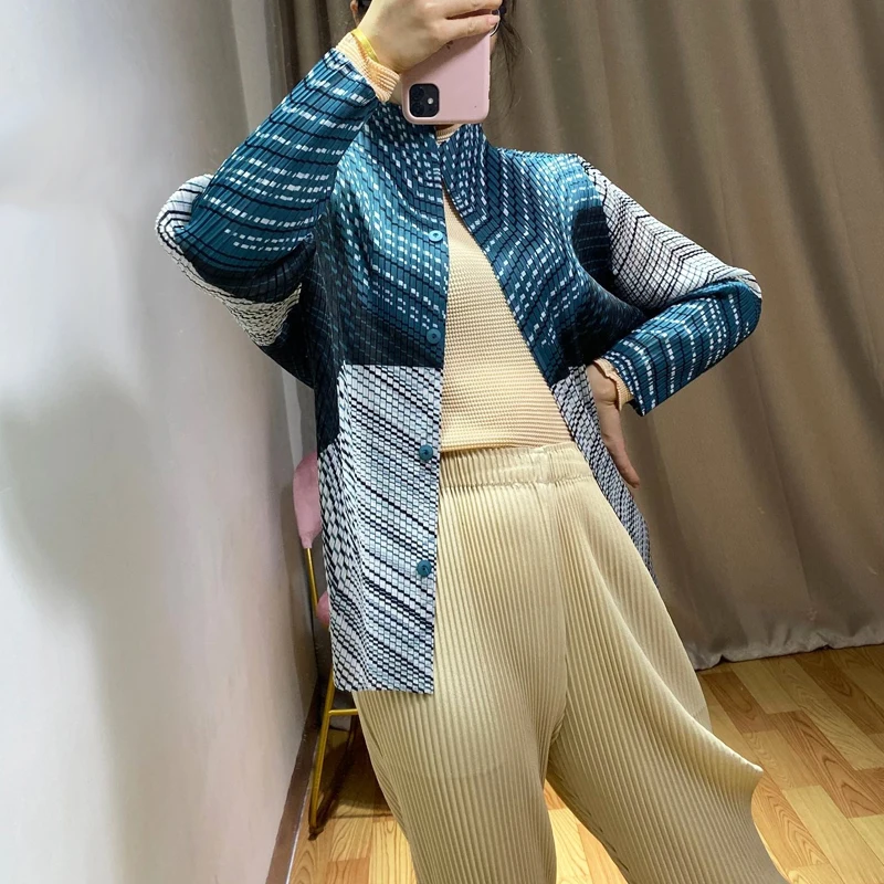 Changpleat, осенняя Новинка, Женская Базовая куртка с принтом, пальто Miyak, плиссированное, модное, стоячий воротник, длинный рукав, женская верхняя одежда, пальто