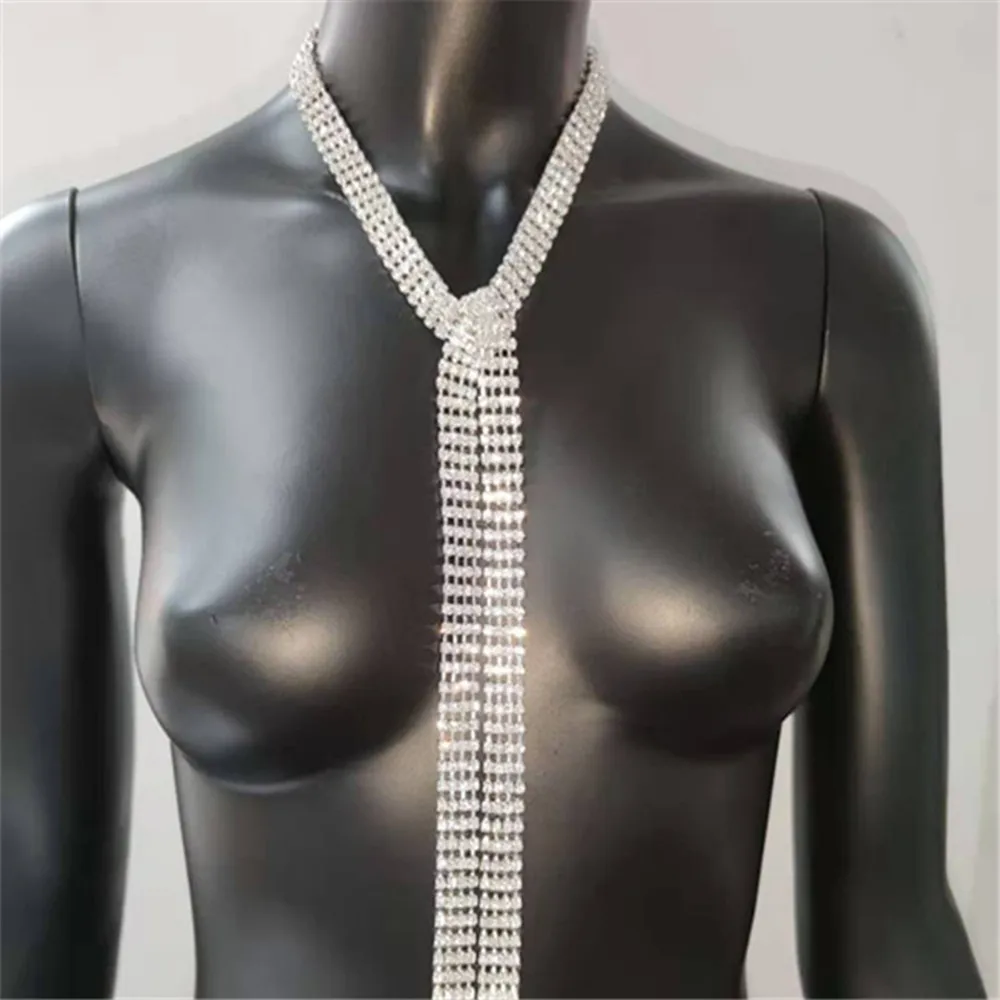 DIY Exaggerated Luxury Rhinestone Long Tassel Choker Necklace Jewelry for Girl Adjustable Crystal Clavicle Chain Collar Necklace