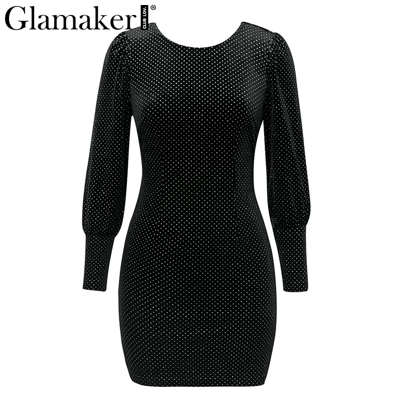 Glamaker, бархатное Черное мини-платье в горошек, Осеннее, с длинным рукавом, с открытой спиной, короткое, элегантное, женское, вечерние, Клубное, женское, облегающее платье