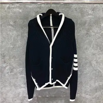 

2020 Fashion TB THOM Brand Sweaters Men Slim Turn Down Collar Cardigans Clothing Striped Wool Solid Thick Winter Casual Coat