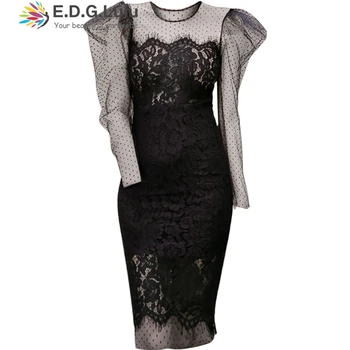 

EDGLuLu o neck puff sleeve see through polka dot tulle patchwork lace midi dress woman elegant black lace dress