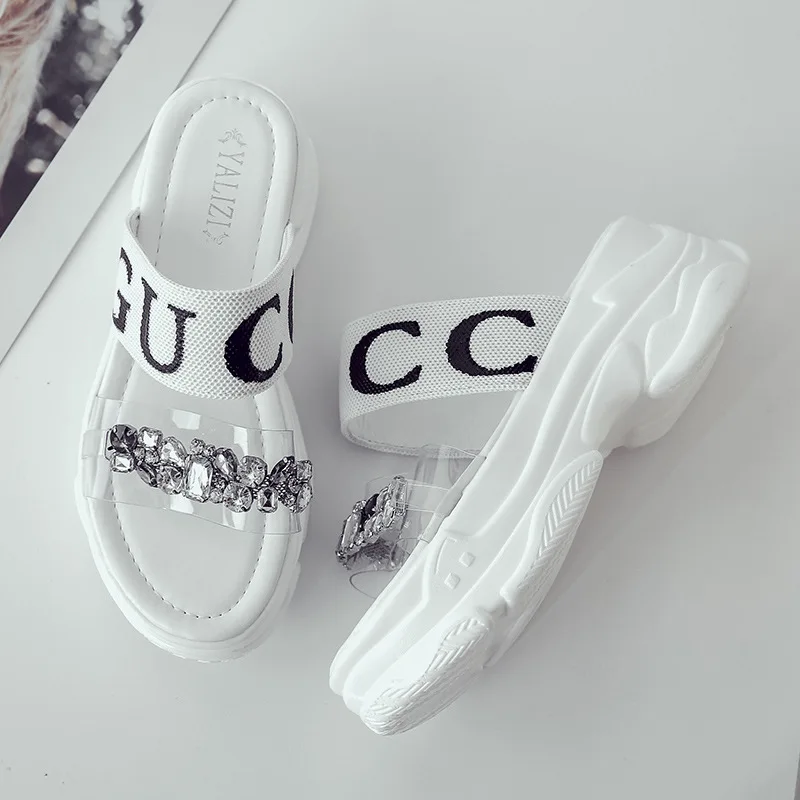 

2019 Summer New Style Women's Sandals Lettered Straight Line-Shaped Platform Heel Korean-style Versitile Fashion Man-made Diamon