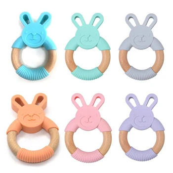 

1Pcs Cartoon Animal Silicone Teether Wooden Rabbit Ring BPA Free Accessories Teething Toys Food Grade Baby Teethers