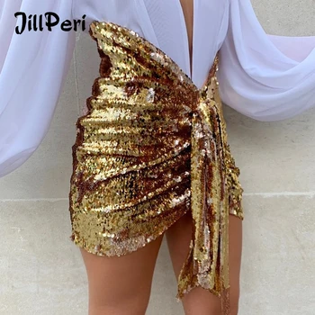 

JillPeri Women High Waist V Neck Front Drop Ruched Mini Skirt New Gold Sequin Bling Outfit Celebrity Short Sexy Party Skirt
