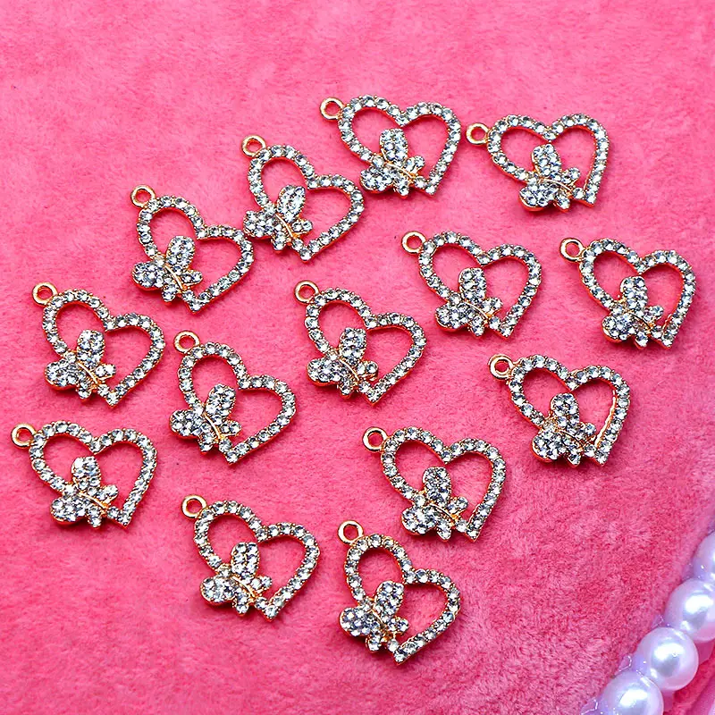 

10Pcs Golden Love Heart Shape Butterfly Metal Charms Mini Bling Rhinestone Jewelry Accessories For Gift Making Earring Necklace