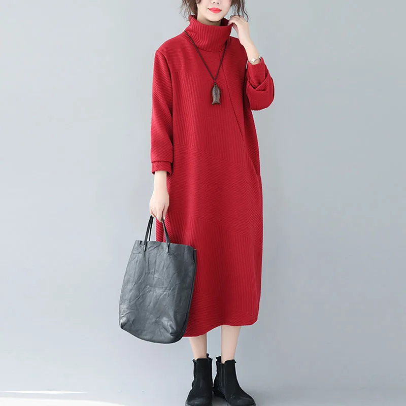 women Sweater dress winter long sleeve Cotton Thicken Turtleneck Striped maxi dresses female knitting Pockets Dress vestido