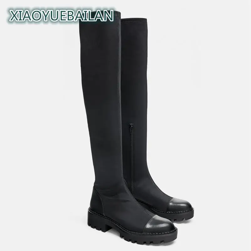 

Autumn And Winter 2019 New Women Shoes Black Grooved Bottom Flat Over Knee Boots Elastic Slim Fashion
