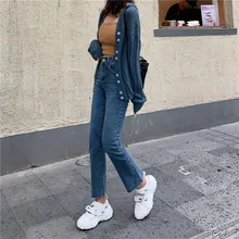 Flare женские расклешенные брюки корейский стиль прямые джинсовые брюки джинсы Высокая талия брюки женские s(Z8739