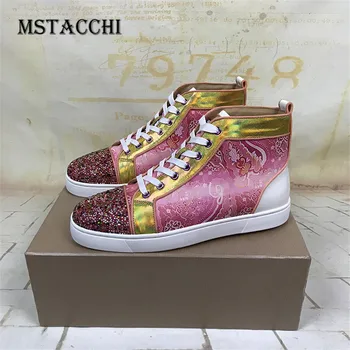 

MStacchi 2020 Genuine Leather Men Vulcanized Shoes Leisure Hand-painted Fashion Rhinestone High-Top Cross-tied Male Casual Shoes