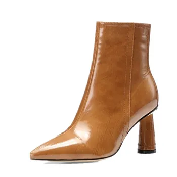 

Big Size 44 European Ankle Boots Round High Heel Pointed Toe Shiny Leather Shoes Winter Women